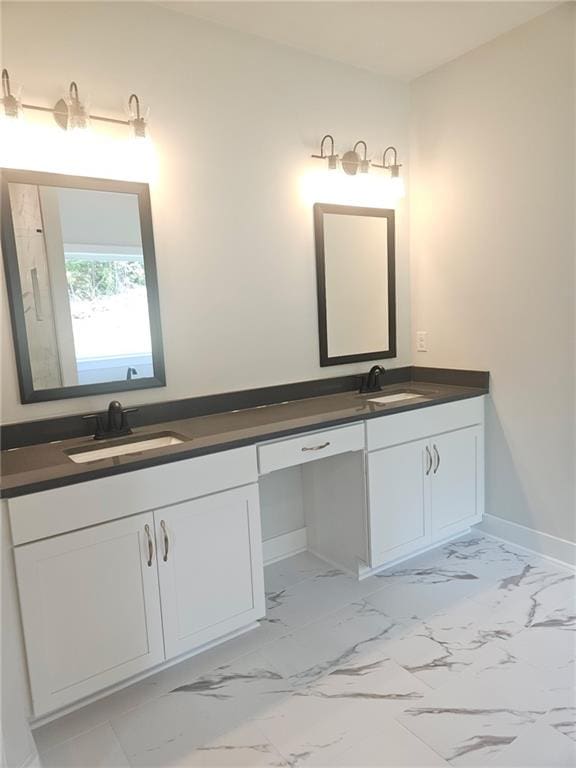 222 Silvercrest Dr, Acworth, GA 30101 - full bathroom with marble look tiles, double vanity, and baseboards