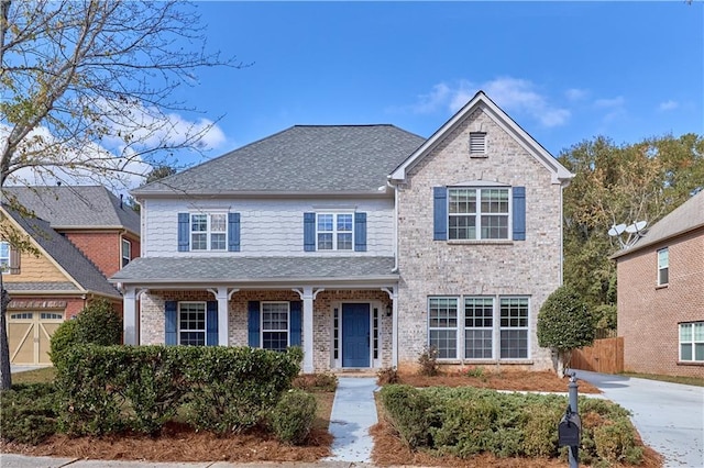 traditional home with a porch, brick siding, fence, and roof with shingles