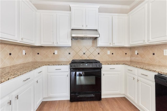kitchen with light wood-type flooring, white cabinets, black appliances, and extractor fan
