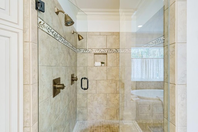 bathroom featuring ornamental molding, tile walls, and separate shower and tub