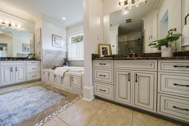 bathroom with crown molding, tile flooring, vanity, and a washtub