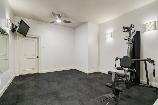 workout room featuring ceiling fan