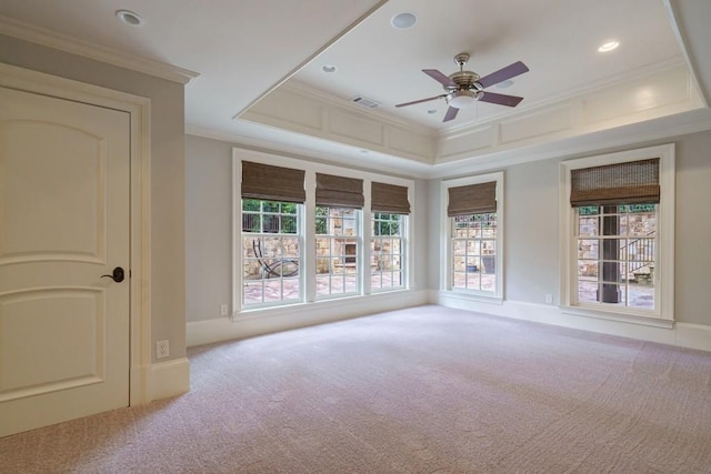 carpeted spare room featuring ceiling fan, ornamental molding, and a tray ceiling