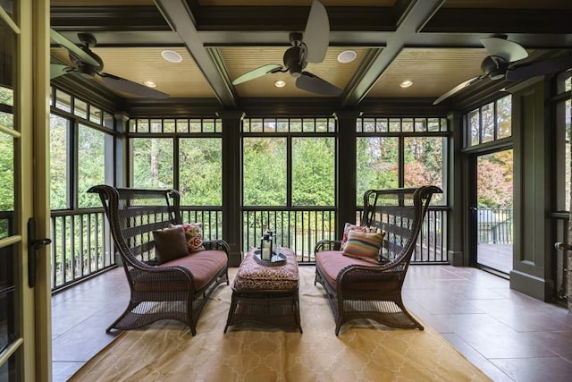 sunroom featuring plenty of natural light, coffered ceiling, ceiling fan, and beamed ceiling