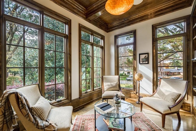 sunroom featuring coffered ceiling and wood ceiling