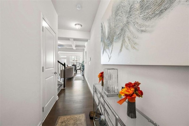 hallway with coffered ceiling, wood finished floors, baseboards, and beam ceiling