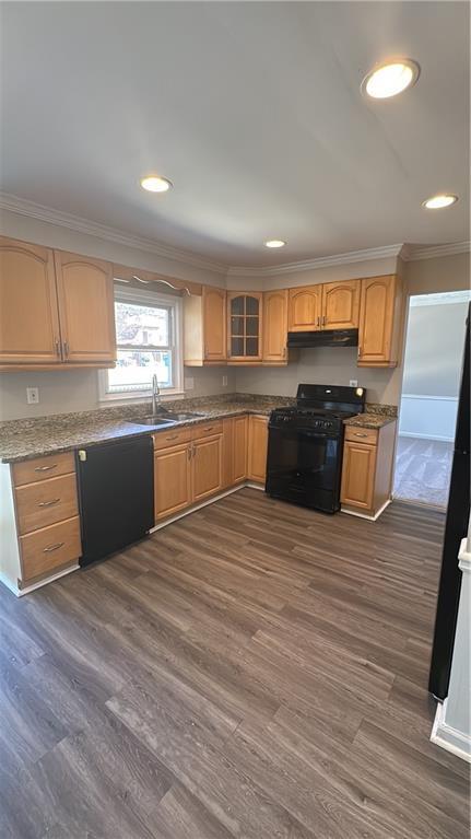 kitchen featuring glass insert cabinets, under cabinet range hood, crown molding, black appliances, and a sink