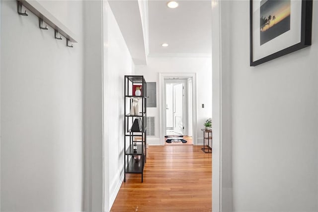 690 Piedmont Ave NE Unit 17, Atlanta, GA 30308 - hall featuring wood finished floors, recessed lighting, crown molding, and baseboards