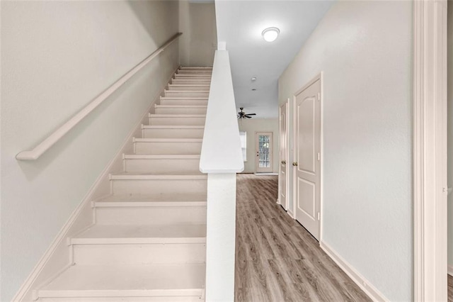 staircase with hardwood / wood-style flooring and ceiling fan