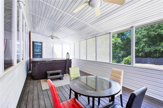 385 Windermere Cir, Newnan, GA 30265 - sunroom / solarium with ceiling fan, a jacuzzi, and plenty of natural light