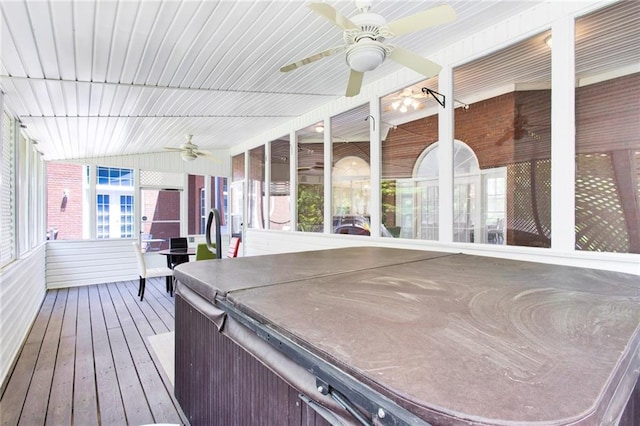 385 Windermere Cir, Newnan, GA 30265 - wooden deck featuring a ceiling fan and a hot tub