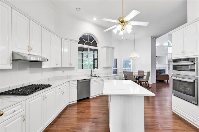 385 Windermere Cir, Newnan, GA 30265 - kitchen featuring appliances with stainless steel finishes, under cabinet range hood, ceiling fan, a kitchen island, and white cabinets