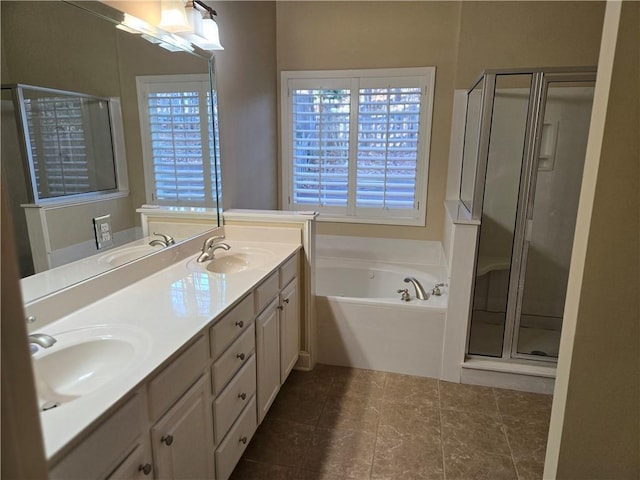 2110 Retreat Haven Ln, Dacula, GA 30019 - bathroom featuring a stall shower, a bath, and double vanity