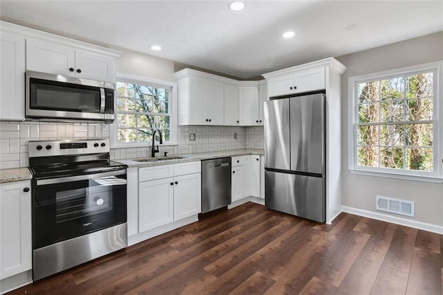 kitchen with appliances with stainless steel finishes, light stone counters, sink, white cabinets, and plenty of natural light