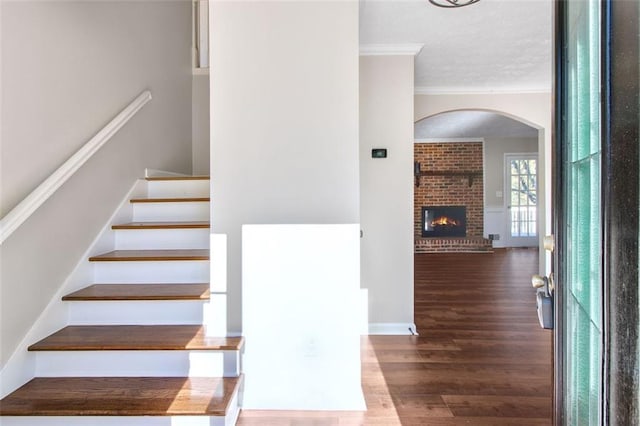 stairs with a fireplace, hardwood / wood-style flooring, and crown molding