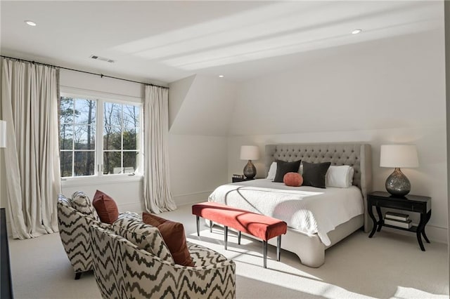 carpeted bedroom featuring recessed lighting, visible vents, and baseboards