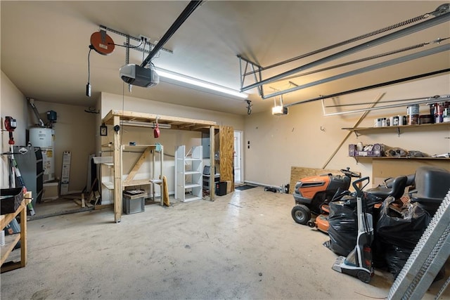 garage featuring a garage door opener and water heater