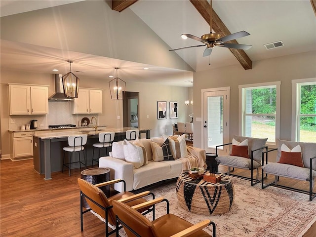101 Red Oak Ln, Carrollton, GA 30116 - living room with a chandelier, wood finished floors, beam ceiling, high vaulted ceiling, and ceiling fan