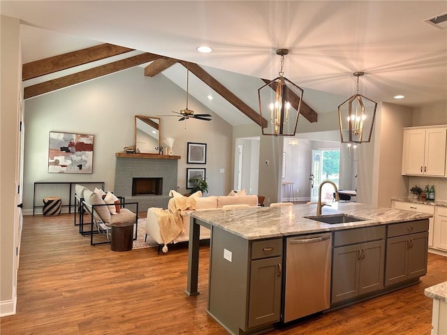 101 Red Oak Ln, Carrollton, GA 30116 - kitchen with a sink, gray cabinetry, a kitchen island with sink, recessed lighting, and white cabinetry