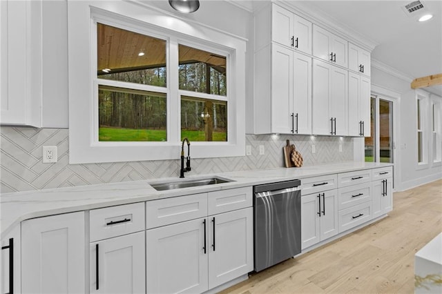 kitchen with white cabinetry, sink, light stone counters, and stainless steel dishwasher