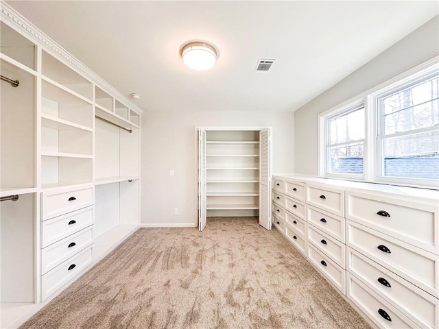 walk in closet featuring light colored carpet