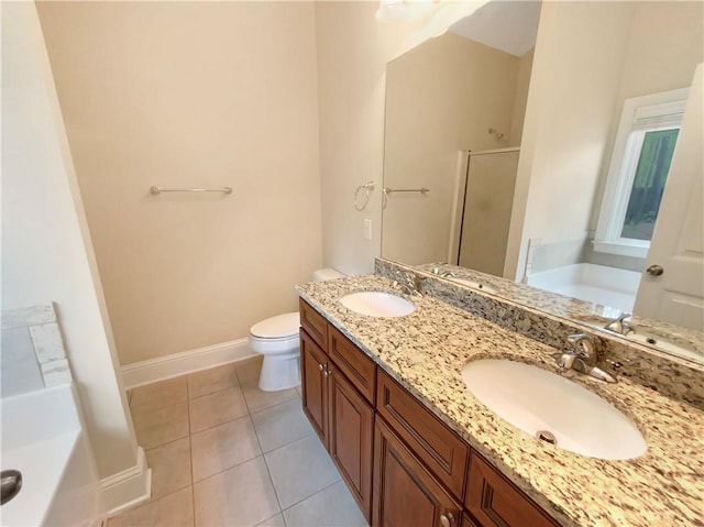 full bathroom with independent shower and bath, vanity, tile patterned floors, and toilet