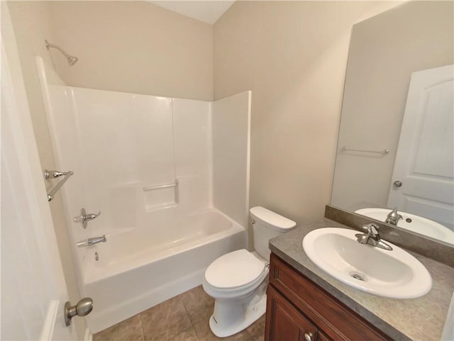 full bathroom featuring toilet, shower / bath combination, tile patterned floors, and vanity