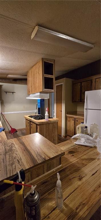 kitchen featuring white fridge and extractor fan