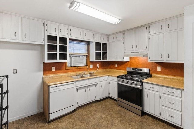 kitchen with dishwasher, white cabinets, cooling unit, stainless steel range with gas cooktop, and sink