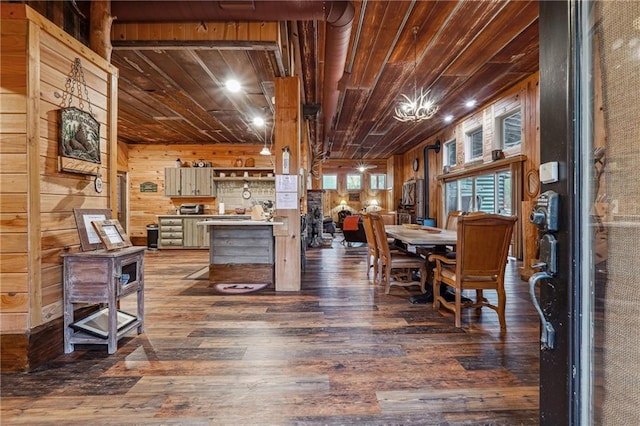 dining room with a chandelier, wood walls, dark hardwood / wood-style flooring, and wood ceiling