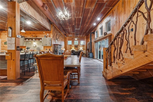 dining room featuring wood walls, dark hardwood / wood-style flooring, wood ceiling, and a chandelier