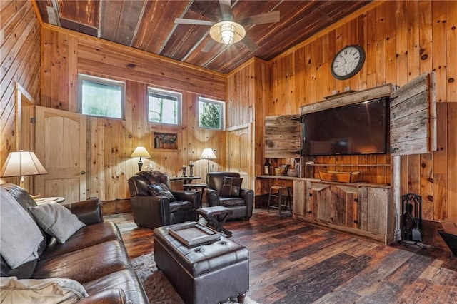 living room featuring wood walls and dark wood-type flooring