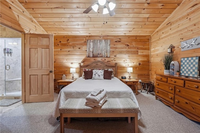 bedroom featuring carpet flooring, ceiling fan, lofted ceiling, and wood ceiling