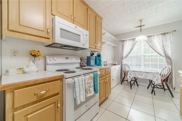 901 Elijah Way, Bethlehem, GA 30620 - kitchen featuring white appliances, light countertops, light tile patterned floors, pendant lighting, and light brown cabinetry