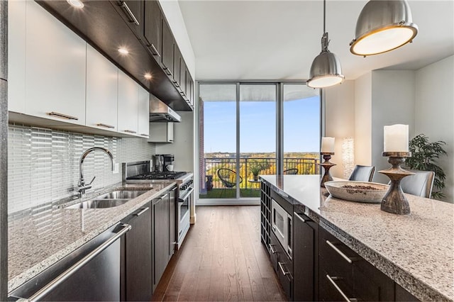 kitchen featuring stainless steel appliances, sink, dark hardwood / wood-style floors, white cabinets, and decorative backsplash