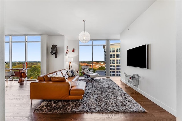 living room featuring a wall of windows and dark hardwood / wood-style flooring