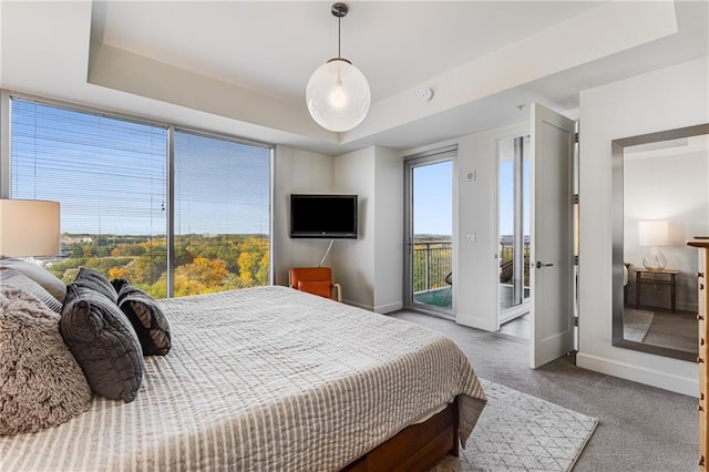 carpeted bedroom with access to outside and a tray ceiling