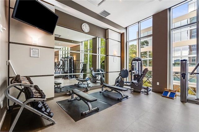 gym featuring floor to ceiling windows