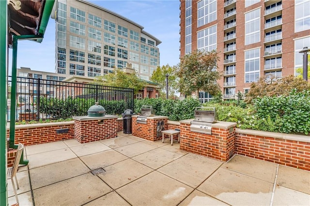 view of patio with an outdoor kitchen and a grill