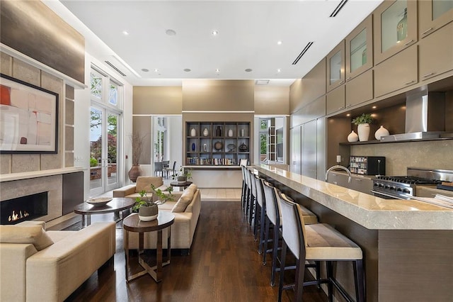 interior space with dark wood-type flooring, sink, french doors, and a high ceiling