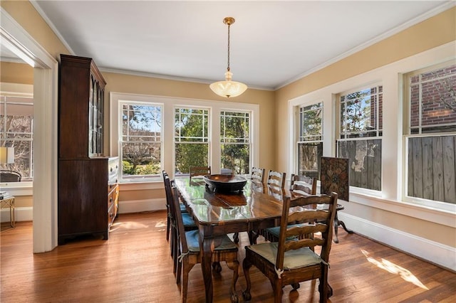 dining space with baseboards, wood finished floors, and crown molding