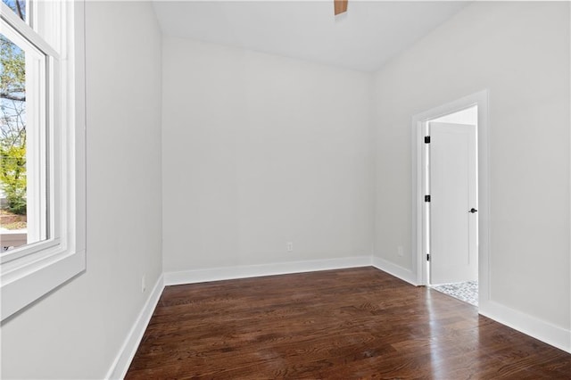 unfurnished room with dark wood-type flooring