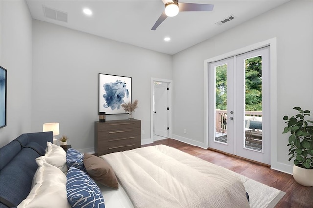 bedroom featuring ceiling fan, access to exterior, wood-type flooring, and french doors