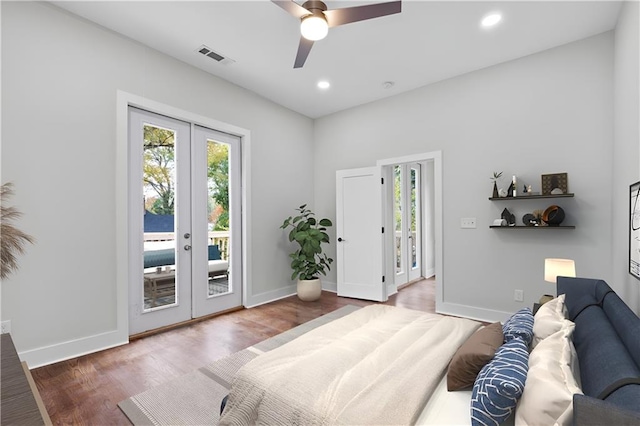 bedroom featuring ceiling fan, access to exterior, wood-type flooring, and french doors