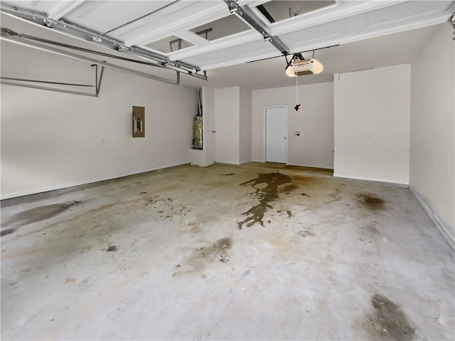 garage featuring a garage door opener, electric panel, and gas water heater