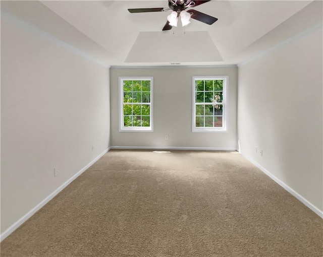 unfurnished room with ceiling fan, a tray ceiling, and carpet floors