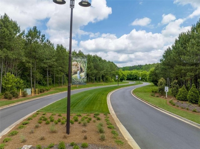 view of road featuring curbs and a wooded view