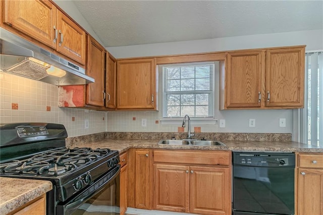 kitchen with a textured ceiling, sink, decorative backsplash, and black appliances