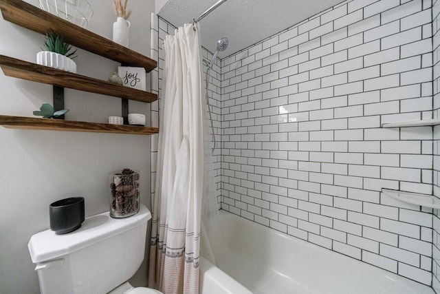 bathroom with toilet and shower / bath combination with curtain