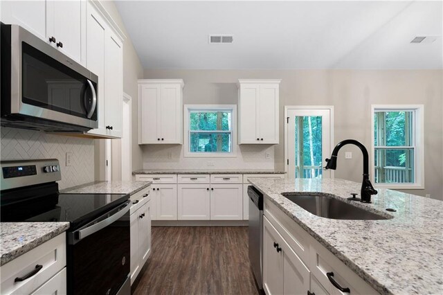 kitchen featuring white cabinets, stainless steel appliances, dark hardwood / wood-style floors, and sink